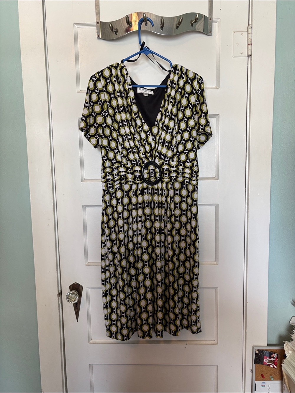 Julian Taylor Geometric Print V-Neck Dress with Belt Black & Olive Size 16